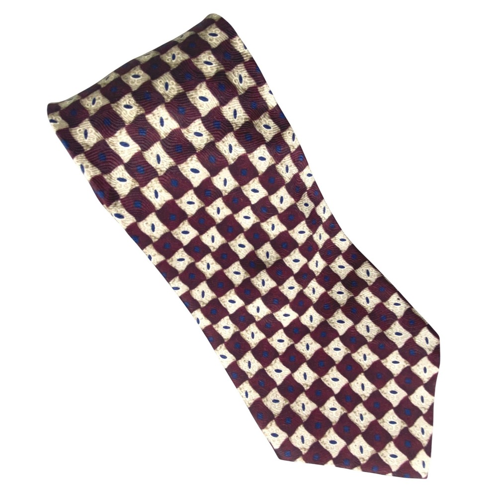 Geoffrey Beene Silk Tie Mens Burgundy Cream Geometric Plaid‎ Italy 59x4